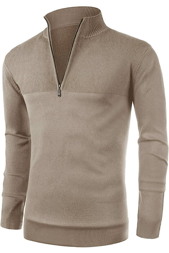 Mens Slim Fit Zip Up Mock Neck Polo Sweater Casual Long Sleeve Sweater and Pullover Sweaters with Ribbing Edge