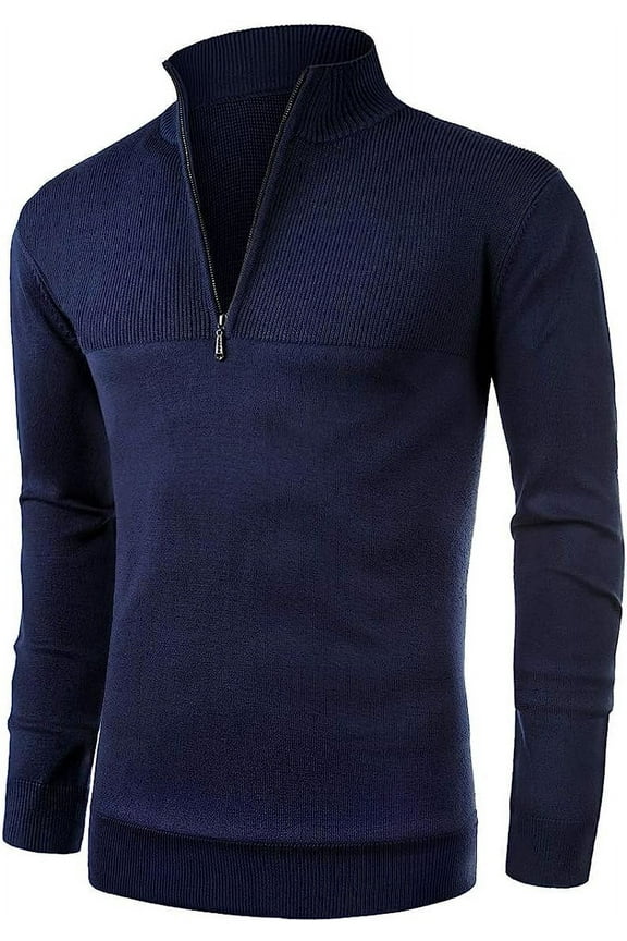 Mens Slim Fit Zip Up Mock Neck Polo Sweater Casual Long Sleeve Sweater and Pullover Sweaters with Ribbing Edge