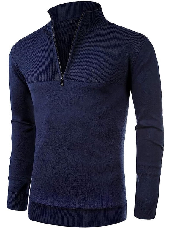 Mens Slim Fit Zip Up Mock Neck Polo Sweater Casual Long Sleeve Sweater and Pullover Sweaters with Ribbing Edge