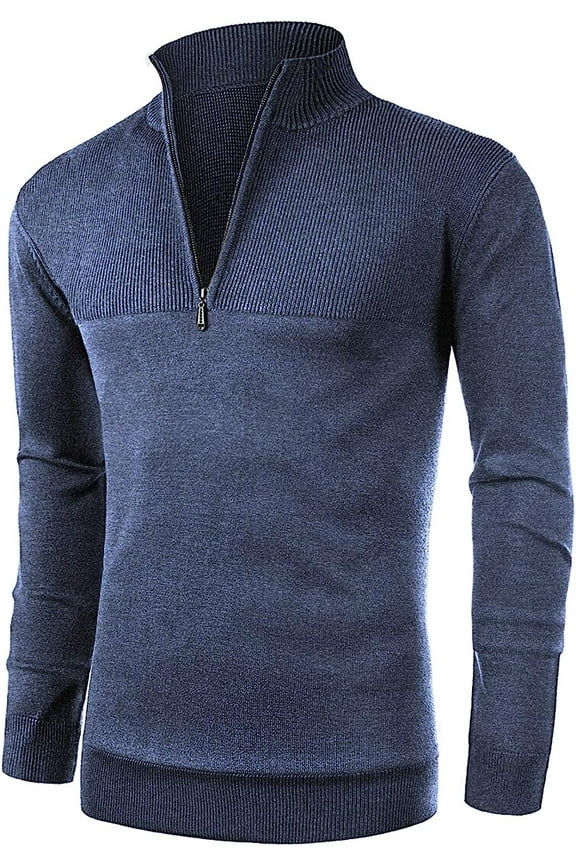 Mens Slim Fit Zip Up Mock Neck Polo Sweater Casual Long Sleeve Sweater and Pullover Sweaters with Ribbing Edge