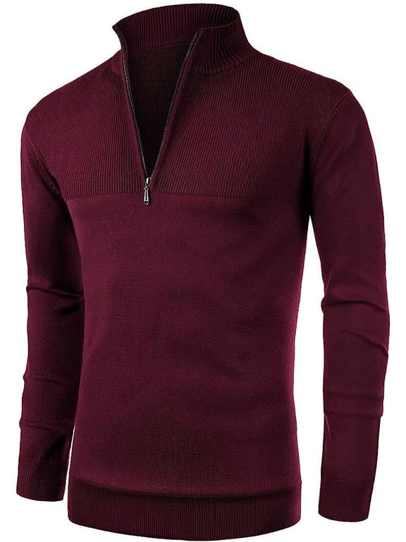 Mens Slim Fit Zip Up Mock Neck Polo Sweater Casual Long Sleeve Sweater and Pullover Sweaters with Ribbing Edge
