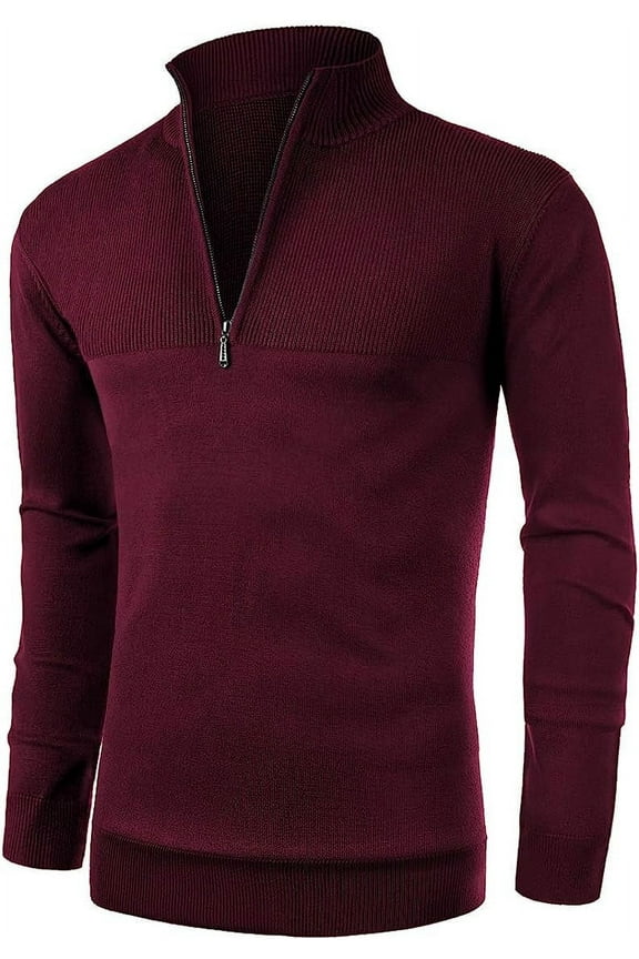 Mens Slim Fit Zip Up Mock Neck Polo Sweater Casual Long Sleeve Sweater and Pullover Sweaters with Ribbing Edge