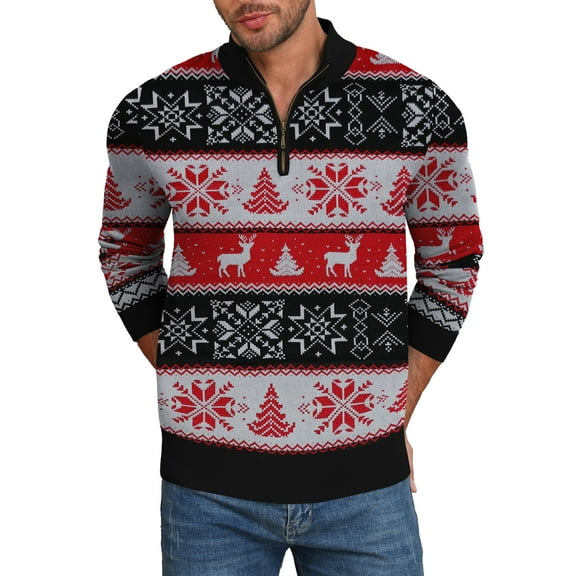 Iceglad Mens Ugly Christmas Sweater Quarter Zip Sweaters Reindeer Snowflake Turtleneck Long Sleeve Knitted Pullove