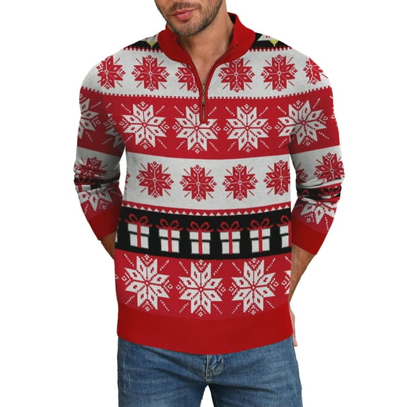 Iceglad Mens Ugly Christmas Sweater Quarter Zip Sweaters Reindeer Snowflake Turtleneck Long Sleeve Knitted Pullove