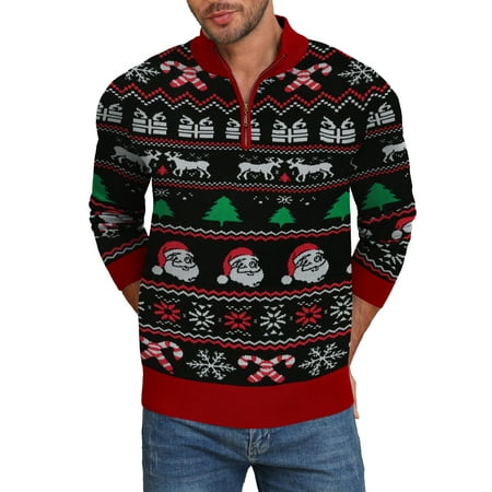 Iceglad Mens Ugly Christmas Sweater Quarter Zip Sweaters Reindeer Snowflake Turtleneck Long Sleeve Knitted Pullove