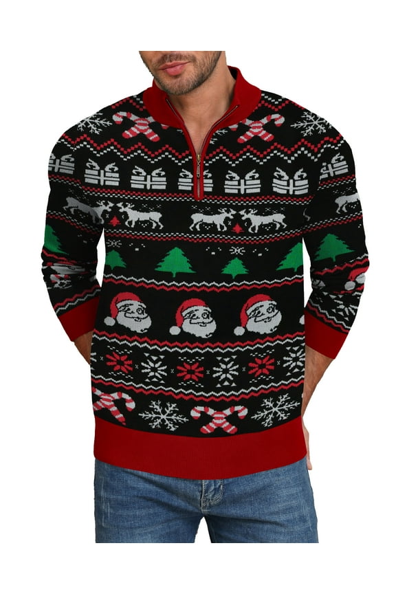 Mens Ugly Christmas Sweater Quarter Zip Sweaters Reindeer Snowflake Turtleneck Long Sleeve Knitted Pullove