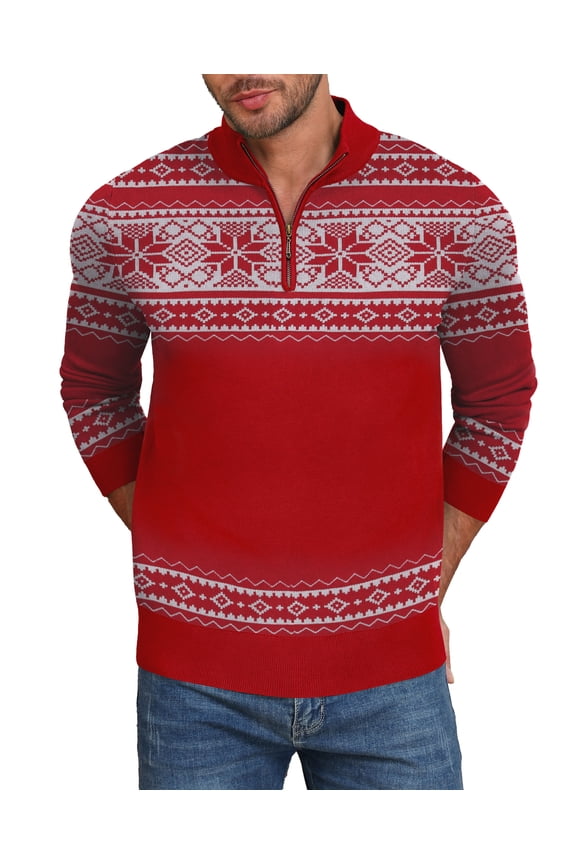 Mens Ugly Christmas Sweater Quarter Zip Sweaters Reindeer Snowflake Turtleneck Long Sleeve Knitted Pullove