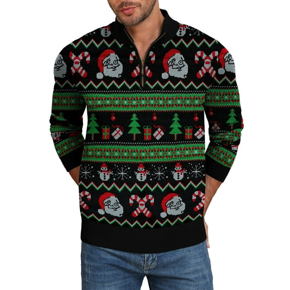 Iceglad Mens Ugly Christmas Sweater Quarter Zip Sweaters Reindeer Snowflake Turtleneck Long Sleeve Knitted Pullove