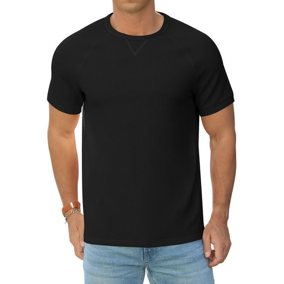 Iceglad Mens Waffle Crew Neck Shirts Slim Fit Short Sleeve Casual T-Shirt Black L