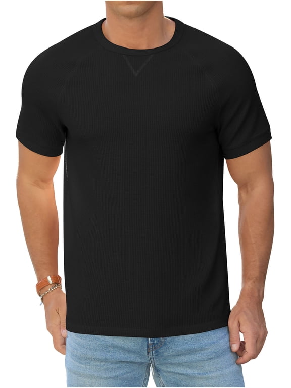 Mens Waffle Crew Neck Shirts Slim Fit Short Sleeve Casual T-Shirt Black L