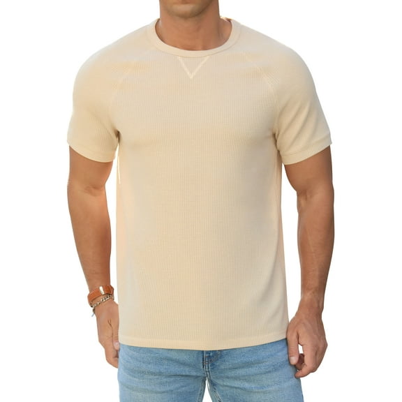Iceglad Mens Waffle Crew Neck Shirts Slim Fit Short Sleeve Casual T-Shirt Khaki L