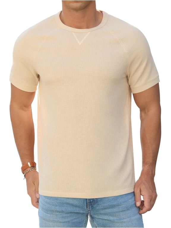 Mens Waffle Crew Neck Shirts Slim Fit Short Sleeve Casual T-Shirt Khaki L