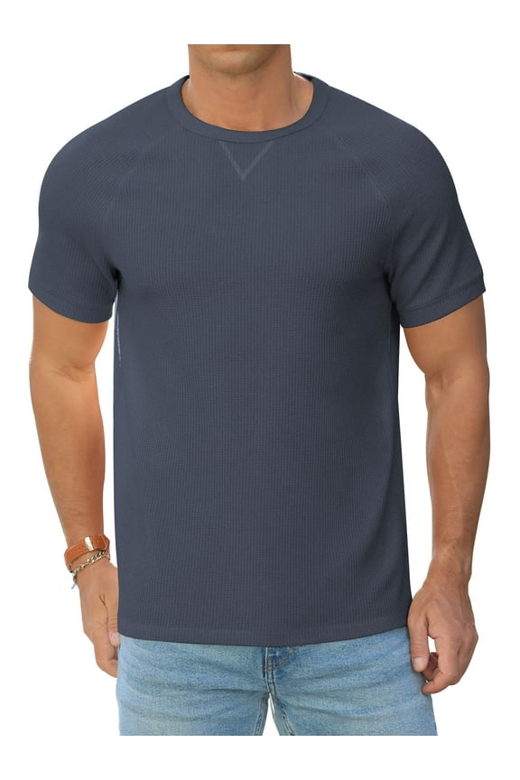 Mens Waffle Crew Neck Shirts Slim Fit Short Sleeve Casual T-Shirt Navy Blue XL