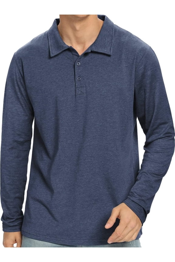 Polo Shirts for Men Long Sleeve Soft Cotton Collared Shirt, Navy bule-l