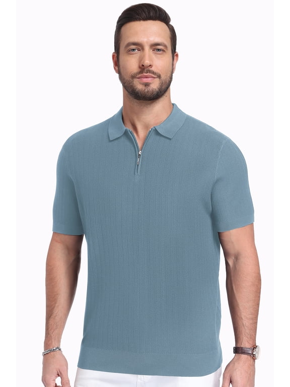 Mens Knit Polo Shirt Short Sleeve Lightweight Viscose Polo Sweater Casual Ribbed Textured Summer Golf Shirt Soft Breathable Fashion Pullover