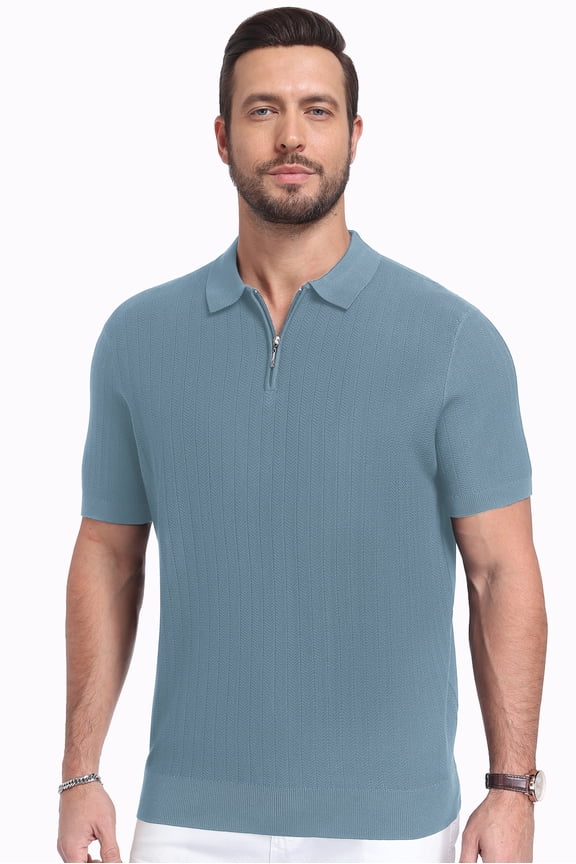 Mens Knit Polo Shirt Short Sleeve Lightweight Viscose Polo Sweater Casual Ribbed Textured Summer Golf Shirt Soft Breathable Fashion Pullover