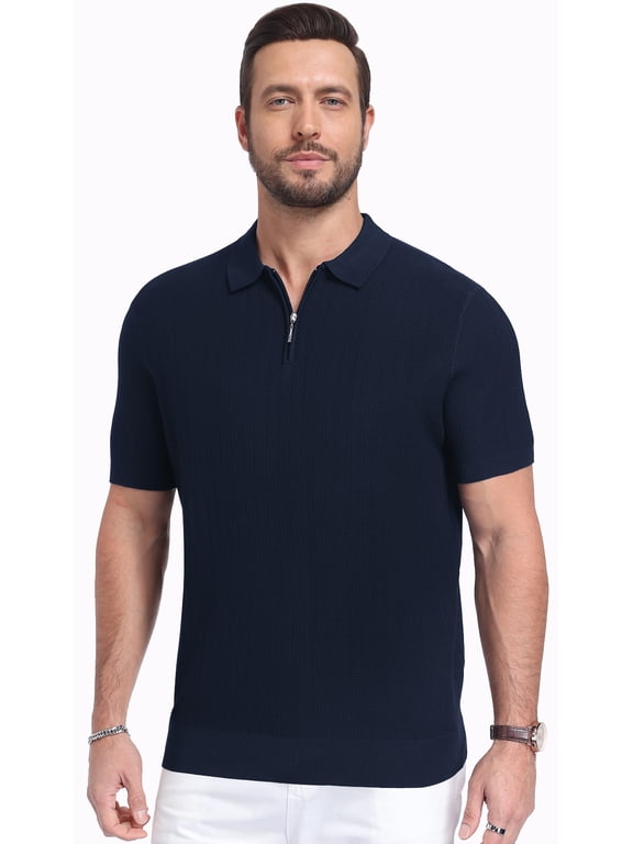 Mens Knit Polo Shirt Short Sleeve Lightweight Viscose Polo Sweater Casual Ribbed Textured Summer Golf Shirt Soft Breathable Fashion Pullover