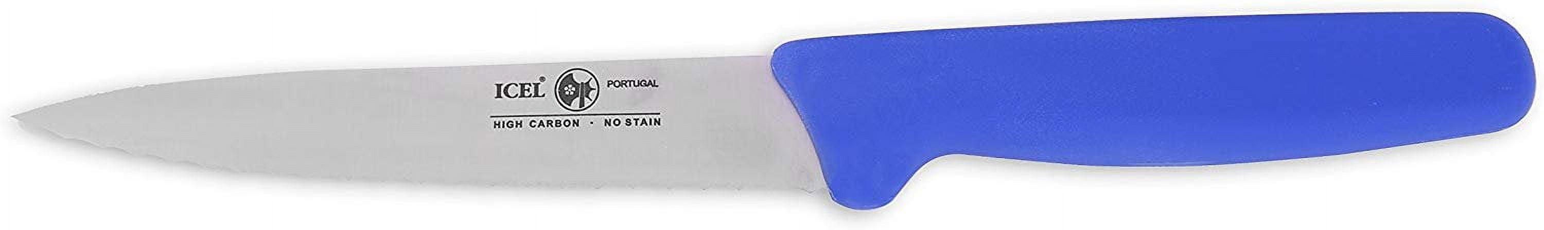 Icel Cutlery 5 1/2-inch Stiff Boning Knife, Extra Wide Serrated Blade, Blue Handle.