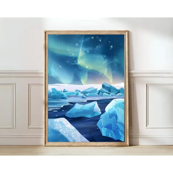 Iceland Aurora Borealis Northern Lights Diamond Beach Wall Art, Unframed Paper Print Size 8x12