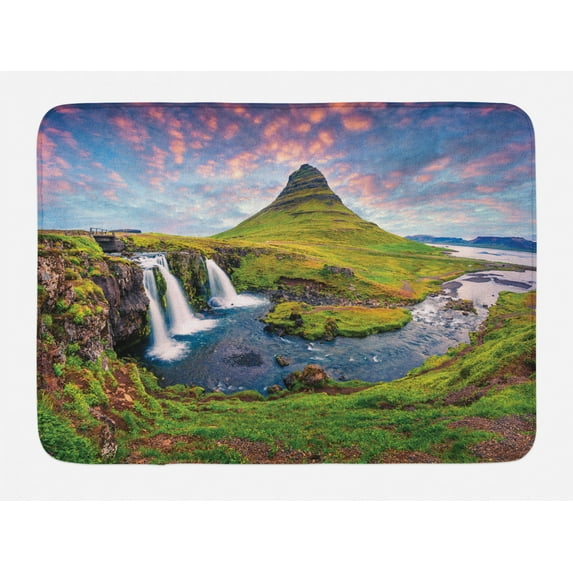 Iceland Bath Mat, Sunset on Famous Kirkjufellsfoss Waterfall an Evening Scene in a Rural Setting, Plush Bathroom Decor Mat with Non Slip Backing, 29.5" X 17.5", Multicolor, by Ambesonne