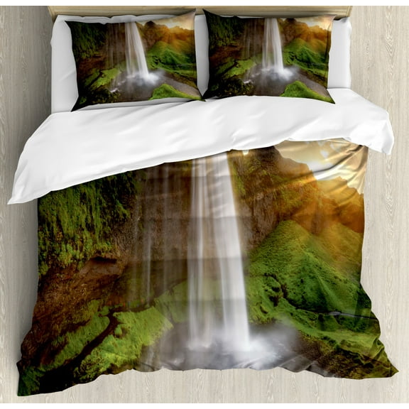Iceland Duvet Cover Set King Size, Dramatic Illustration of Seljalandsfoss Waterfalls, Decorative 3 Piece Bedding Set with 2 Pillow Shams, Olive Green Dark Brown, by Ambesonne