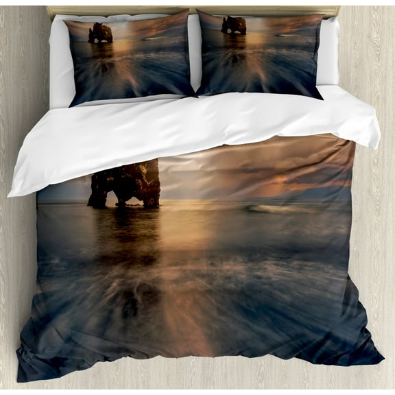 Iceland Duvet Cover Set King Size, Hvitserkur Rock Formation on the Northern Coast, Decorative 3 Piece Bedding Set with 2 Pillow Shams, Brown Slate Blue, by Ambesonne