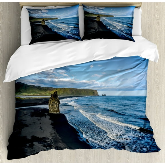 Iceland Duvet Cover Set King Size, Kirkjufjara Beach with a View of the Atlantic Ocean on the Background, Decorative 3 Piece Bedding Set with 2 Pillow Shams, Multicolor, by Ambesonne