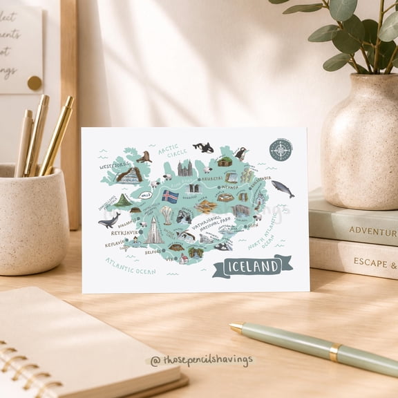 Iceland Map Postcard: Illustrated Nordic Travel Souvenir , Poster Print Only
