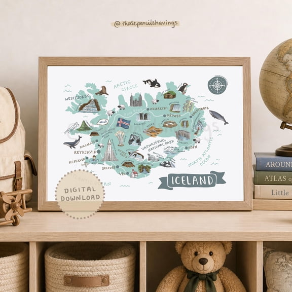 Iceland Map Print: Illustrated Nordic Travel Poster , Poster Print Only