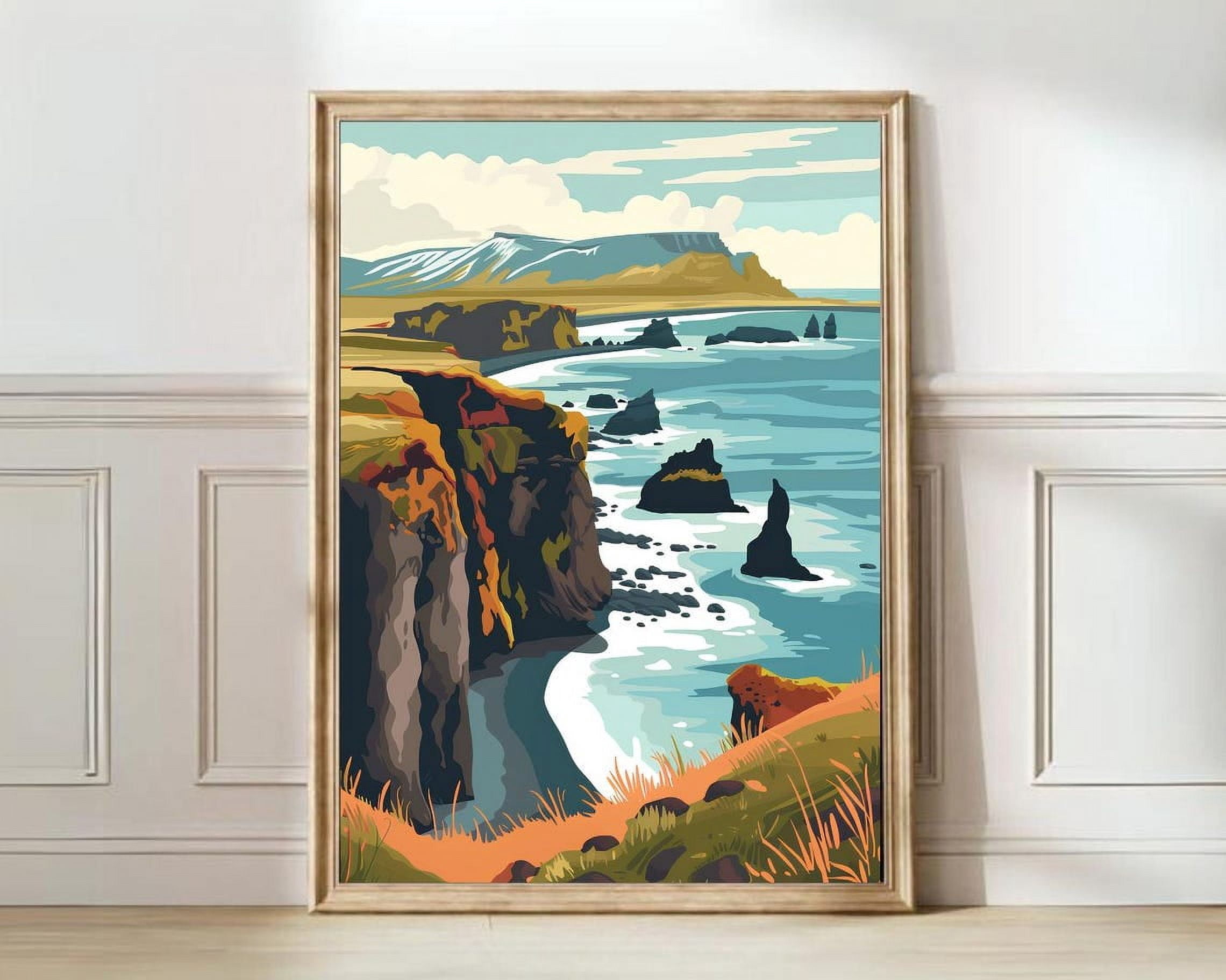 Iceland Northern Lights Travel Poster, Aurora Landscape Illustration ...