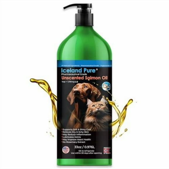 Iceland Pure Salmon Oil  Unscented Pharmaceutical Grade  1118mg of Omega-3 per teaspoon  Liquid Food Supplement For Dogs and Cats  BPA-Free Brushed Aluminum Epoxy coated Bottle with Pump 33oz