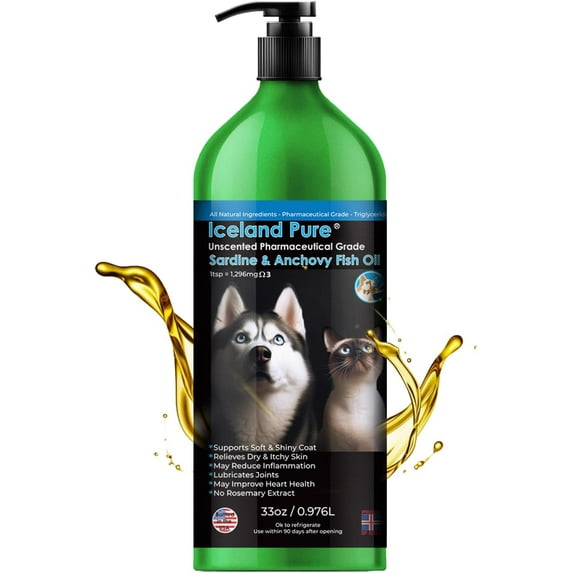Iceland Pure Pharmaceutical Human Grade Sardine Anchovy Oil for Pets, Unscented, 33 Oz