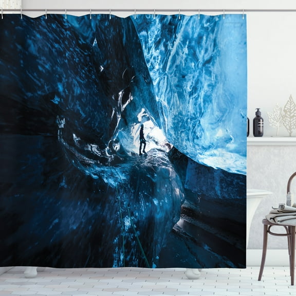 Iceland Shower Curtain, Explorer Man Silhouette in Ice Cave Glacial Hiking Adventure in Icy Mountains, Fabric Bathroom Set with Hooks, 69W X 70L Inches, Grey Sky Blue, by Ambesonne