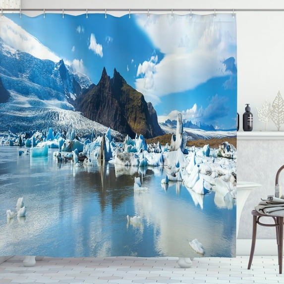 Iceland Shower Curtain, Panoramic Photo of Fjallsarlon Clear Sky Icebergs, Fabric Bathroom Set with Hooks, 69W X 84L Inches Extra Long, Azure Blue Blue Grey, by Ambesonne