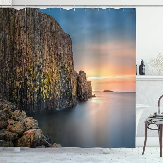 Iceland Shower Curtain, Sugandisey Basalt Island near Stykkisholmur Oceanic Theme, Fabric Bathroom Set with Hooks, 69W X 75L Inches Long, Blue Grey Peach, by Ambesonne