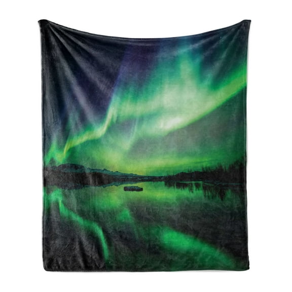 Iceland Soft Flannel Fleece Blanket, Aurora Borealis View over Lake Thingvellir National Park Nature Print, Cozy Plush for Indoor and Outdoor Use, 60" x 80", Sea Green and Night Blue, by Ambesonne