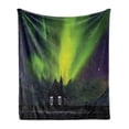 thumbnail image 1 of Iceland Soft Flannel Fleece Blanket, Shadowy Structure Silhouette under Colorful Night Sky with Aurora Borealis, Cozy Plush for Indoor and Outdoor Use, 60" x 80", Lime Green Indigo, by Ambesonne, 1 of 6
