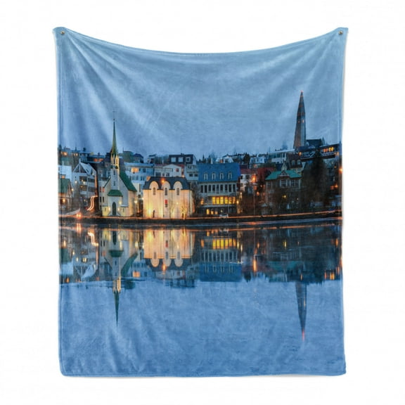 Iceland Soft Flannel Fleece Throw Blanket, City Silhouette with Reflection on Lake Tjornin Cityscape Tranquility, Cozy Plush for Indoor and Outdoor Use, 50" x 70", Multicolor, by Ambesonne
