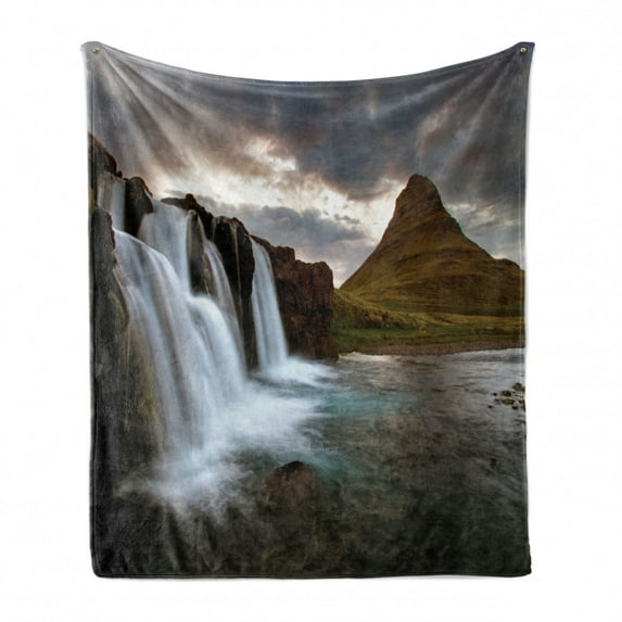 Iceland Soft Flannel Fleece Throw Blanket, Waterfall with a Volcano Icelandic Landscape Cloudy, Cozy Plush for Indoor and Outdoor Use, 50" x 60", Taupe Fawn, by Ambesonne