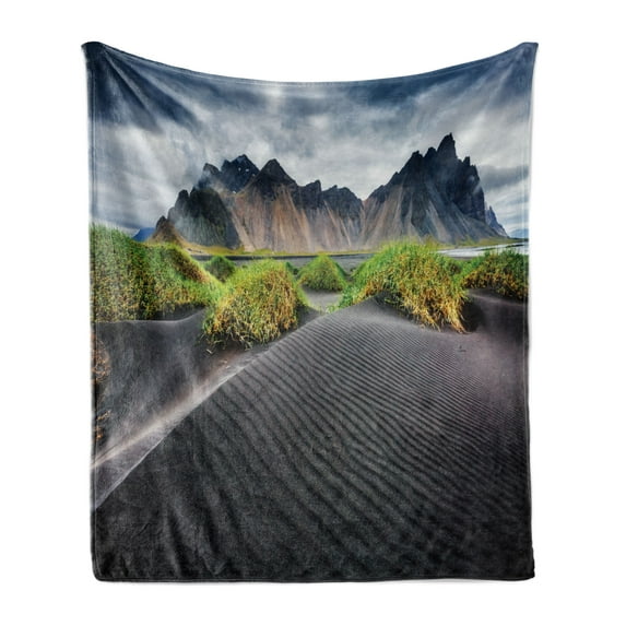 Iceland Soft Flannel Fleece Throw Blanket, Wind Rippled Beach and Sky Picturesque, Cozy Plush for Indoor and Outdoor Use, 70" x 90", Purpleblue Multicolor, by Ambesonne