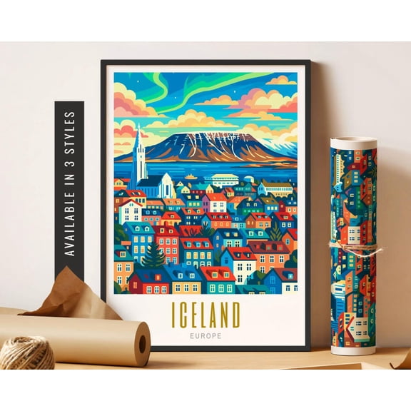 Iceland Travel Poster Colorful City Destination Poster Iceland Northern Lights Poster Wall Art Poster Aesthetic Home Decor Home Decor, 16x24 UNFRAMED