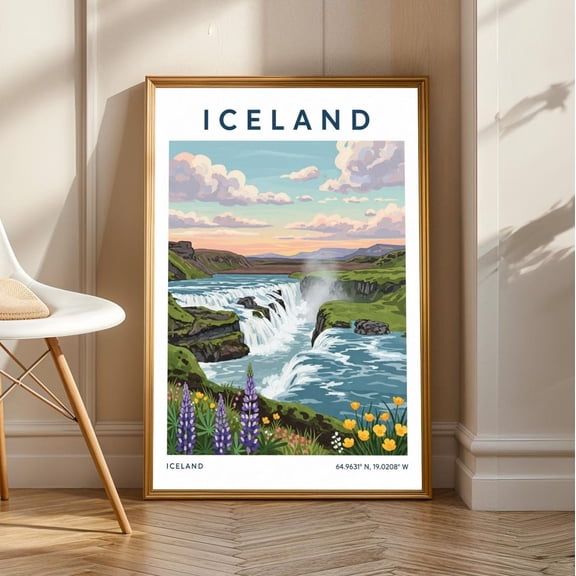 Iceland Waterfalls Landscape Print: Gouache Nature Travel Art, Stretched Canvas Size 8x12