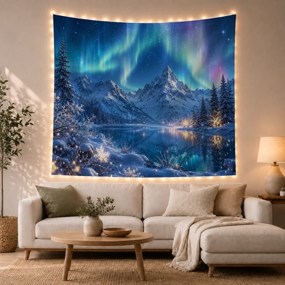 Icelandic Aurora Borealis Over Frozen Lake with Snowy Peaks and Lanterns, Dreamy Fantasy for Nature Lovers, Celestial Wall Art, Christmas Gift Tapestry Wall Hanging for Bedroom and Living Room