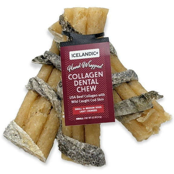 Icelandic+ Collagen Dental Chew: Beef & Cod Skin - 4" Dog Treat Stick, Hand-Wrapped Fish, 2 Ingredient Pet Snacks, Dental Health, Rawhide Alternative