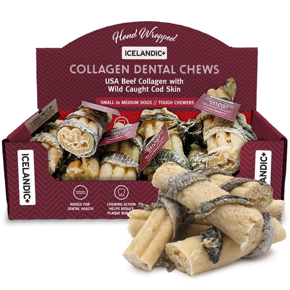 Icelandic+ Collagen Dental Chew: Beef & Cod Skin - 12 Pack - 4" Dog Treat Stick, Hand-Wrapped Fish, 2 Ingredient Pet Snack, Dental Rawhide Alternative
