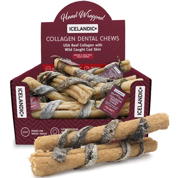 Icelandic+ Collagen Dental Chew: Beef & Cod Skin - 18 Pack - 8" Dog Treat Stick, Hand-Wrapped Fish, 2 Ingredient Pet Snack, Dental Rawhide Alternative