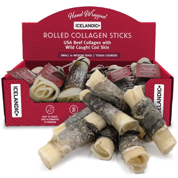 Icelandic+ Rolled Collagen Stick: Beef & Cod Skin - 12 Pack - 4" Dog Chew Treat, Hand-Wrapped Fish, 2 Ingredient Pet Snacks, Rawhide Alternative