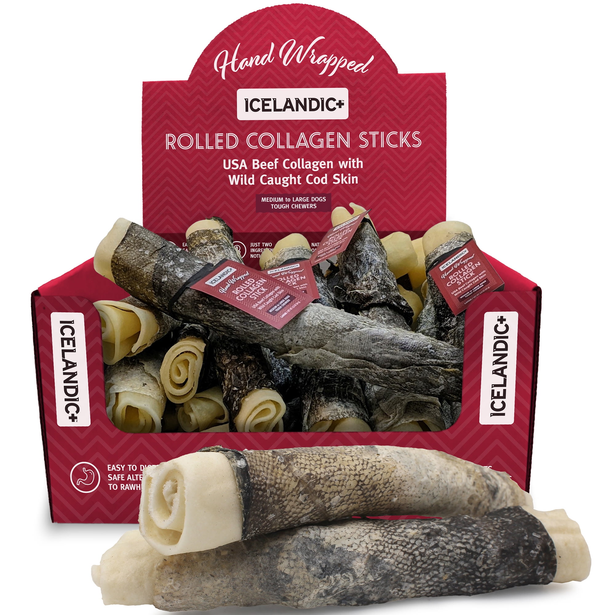 Icelandic+ Rolled Collagen Stick: Beef & Cod Skin - 18 Pack - 8" Dog Chew Treat, Hand-Wrapped Fish, 2 Ingredient Pet Snacks, Rawhide Alternative