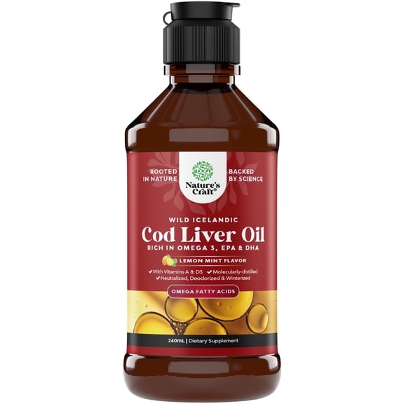 Natures Craft Liquid Cod Liver Oil, Omega 3 Fish Oil for Heart & Brain Health, 240 ml
