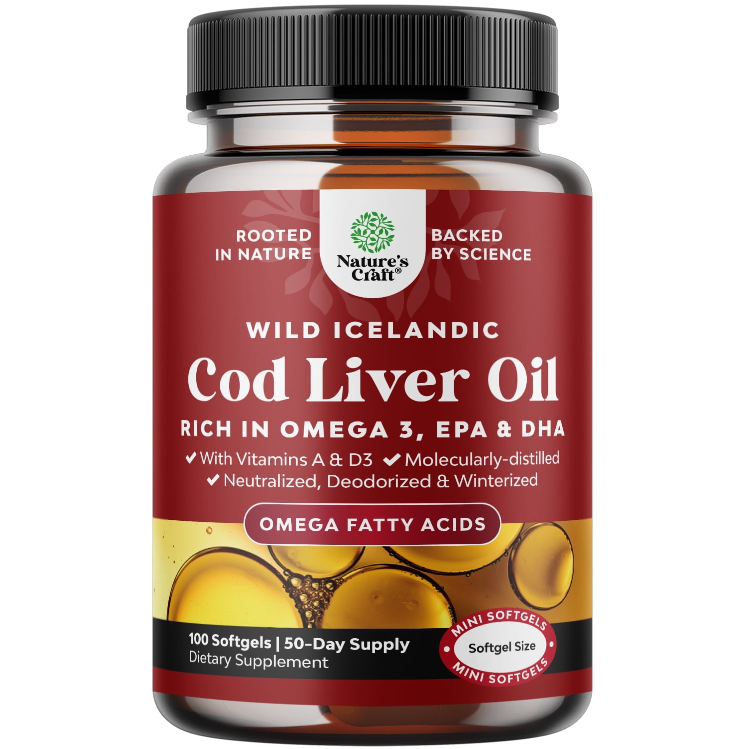 Icelandic Cod Liver Oil Softgels - Wild Caught EPA DHA Omega 3 Fish Oil 1000mg per serving - Burpless Fish Oil Supplement with Vitamin D3 and A for Heart Joint Brain and Immune Support